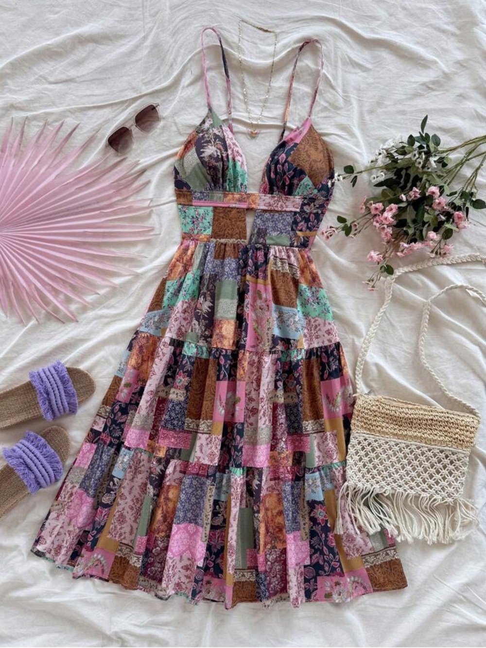 Patchwork Floral Spaghetti-Strap Midi Dress in Pink Multi